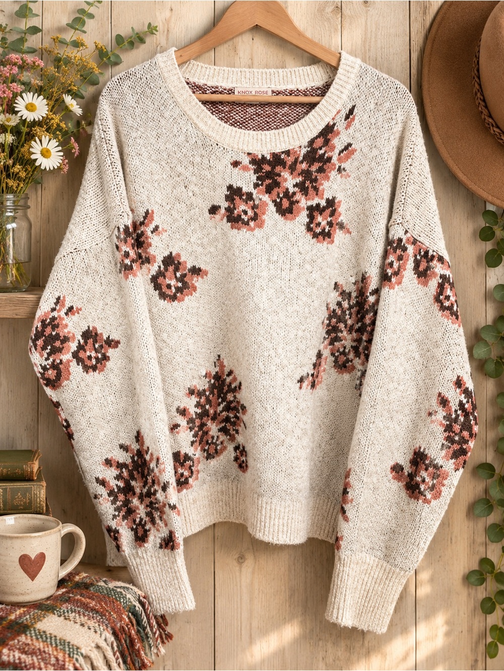 Knox Rose Cottagecore Crewneck Sweater with Warm Blush Deep Brown Floral XXL